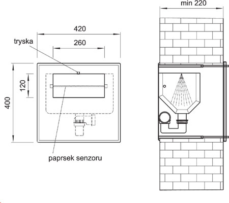Schéma - BSAU 01 automatické umyvadlo k zabudování do zdi
