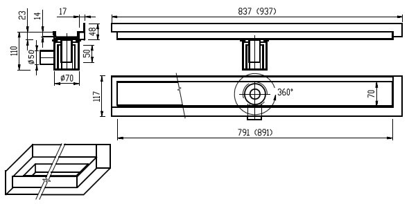 Schéma - PZ 014L, PZ 014P žlab pro vložení kachliček, dlažby - do kouta