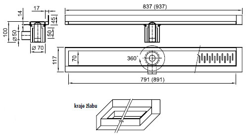 Schéma - PZ 011L, PZ 011P nízký podlahový žlábek do koutu (ke 2 stěnám)